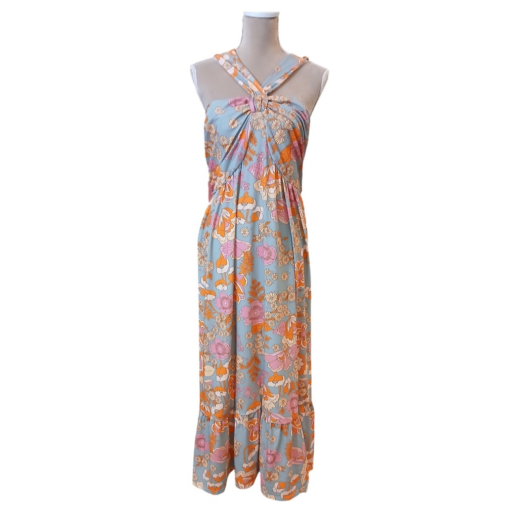 Grace Karin Floral Halter Maxi Dress Blue Milkmaid Babydoll Empire Waist 2x
